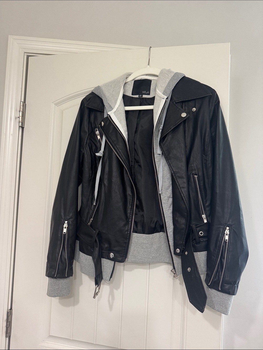 Black Faux-Leather Moto Jacket with Grey Hoodie Insert
